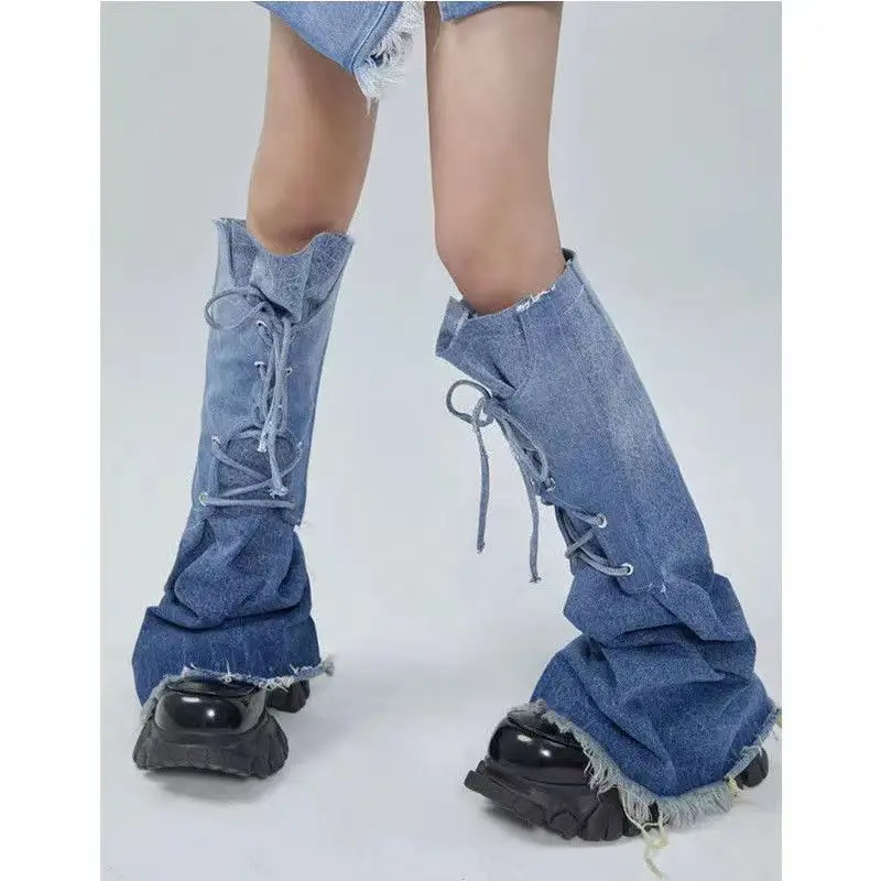 

Y2K Ins Denim Gradient Tie Leg Warmers Vintage Push-up Socks with Tie Leg Cover Cowboy Spicy Girl Motorcycle Strap Boot Cover