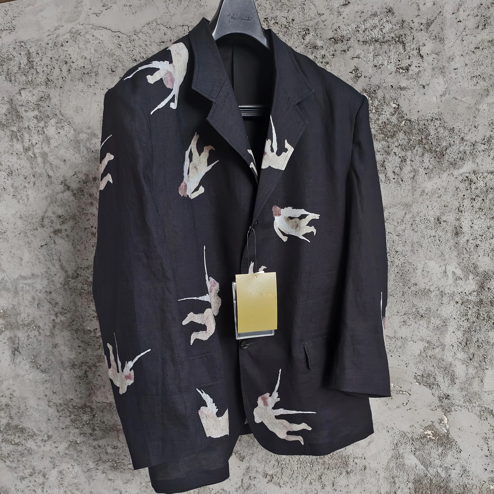 TOP-YAMAMOTO original design linen blend design angel pattern west collar coat with long-sleeved print