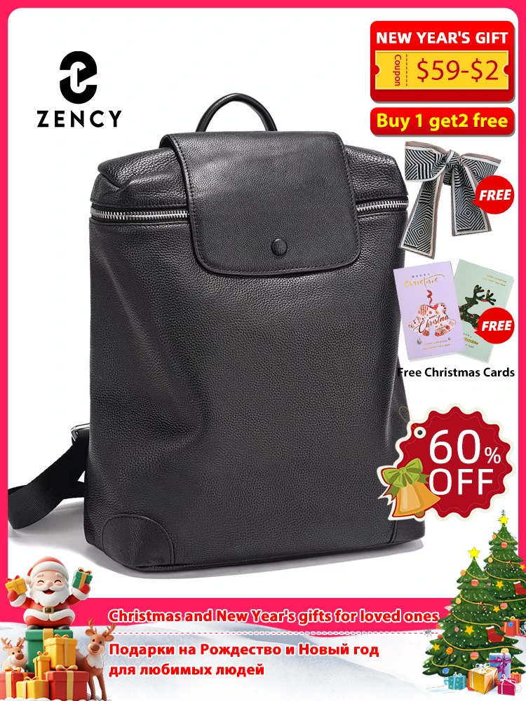حقيبة ظهر Zency 2025 من الجلد الطبيعي باللون الأسود بتصميم متعدد الجيوب حقيبة ظهر بغطاء قلاب للصيف والشتاء بسعة كبيرة لجهاز A4 Ipad