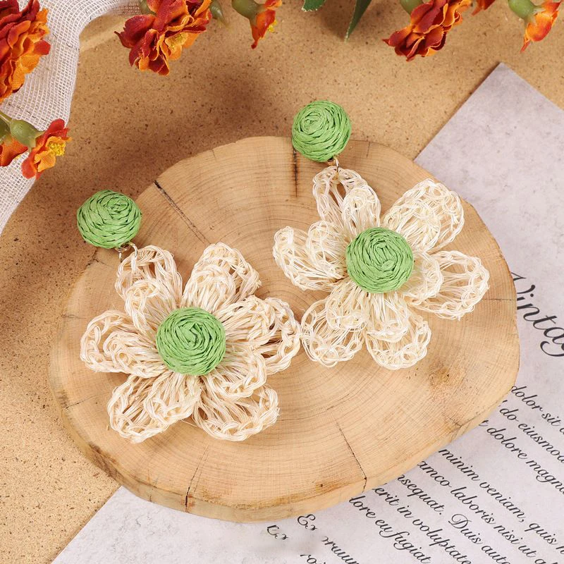 Unique Rattan Earrings Summer Holiday Bohemian Jewelry Exaggerate Fabric Flower Earrings Fashion Boho Earrings Statement Jewelry