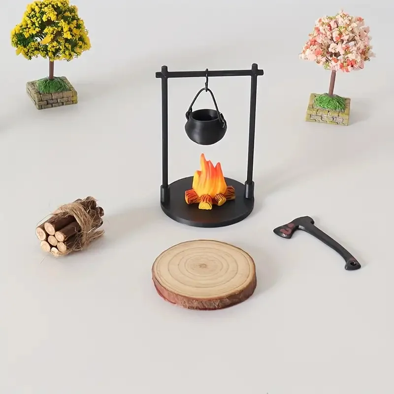Mini Campfire and Teapot Miniature Statue Ornament Home Kitchen DIY Craft Accessories Desktop Photo Props Decor Christmas Gifts