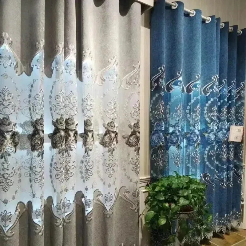 

Custom Size Luxury European Embroidered Curtains for Living Room Bedroom Blue Gray Chenille Decor Curtain Decoration White Tulle