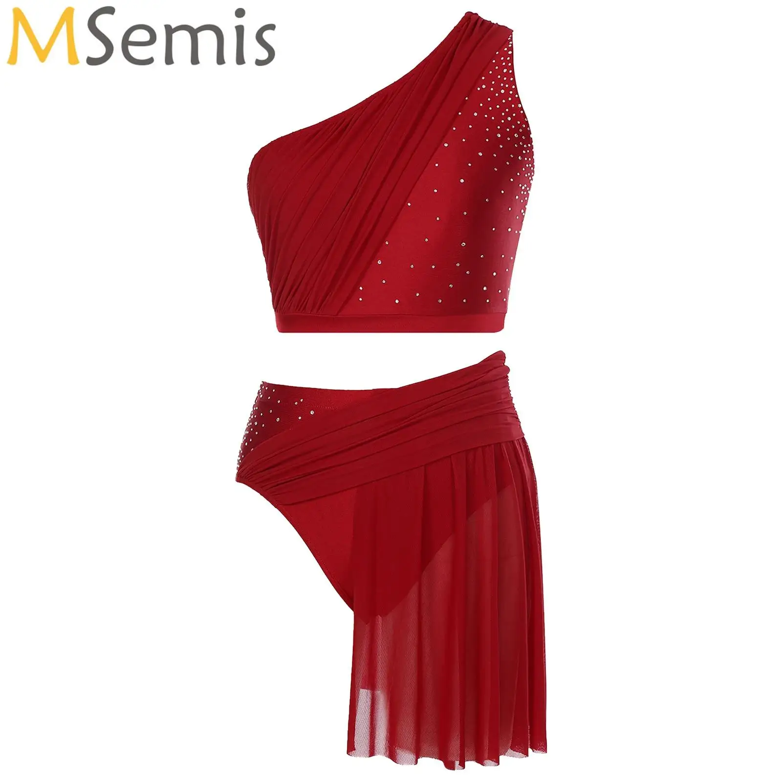

Womens Lyrical Dance Outfit Stage Performance Costume One Shoulder Shiny Crop Top with Mesh Skirted Briefs Yoga Ballet Dancewear