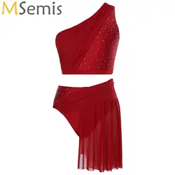 Womens Lyrical Dance Outfit Stage Performance Costume One Shoulder Shiny Crop Top with Mesh Skirted Briefs Yoga Ballet Dancewear
