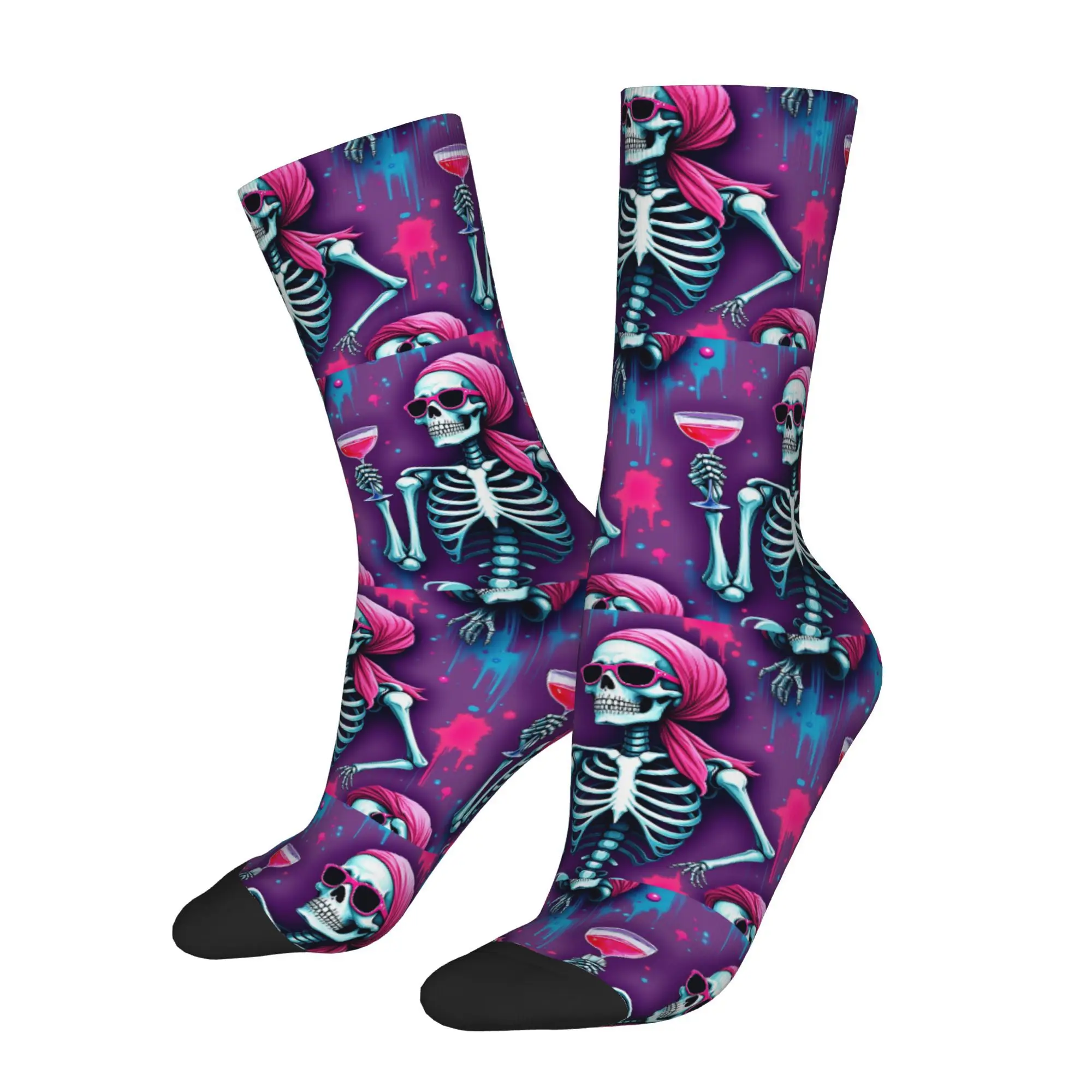 Funny Happy Skeleton Wearing Sunglasses And Pink Bandana Holding A Wine Glass Retro Harajuku  Hip Hop Casual Sock tops fugees