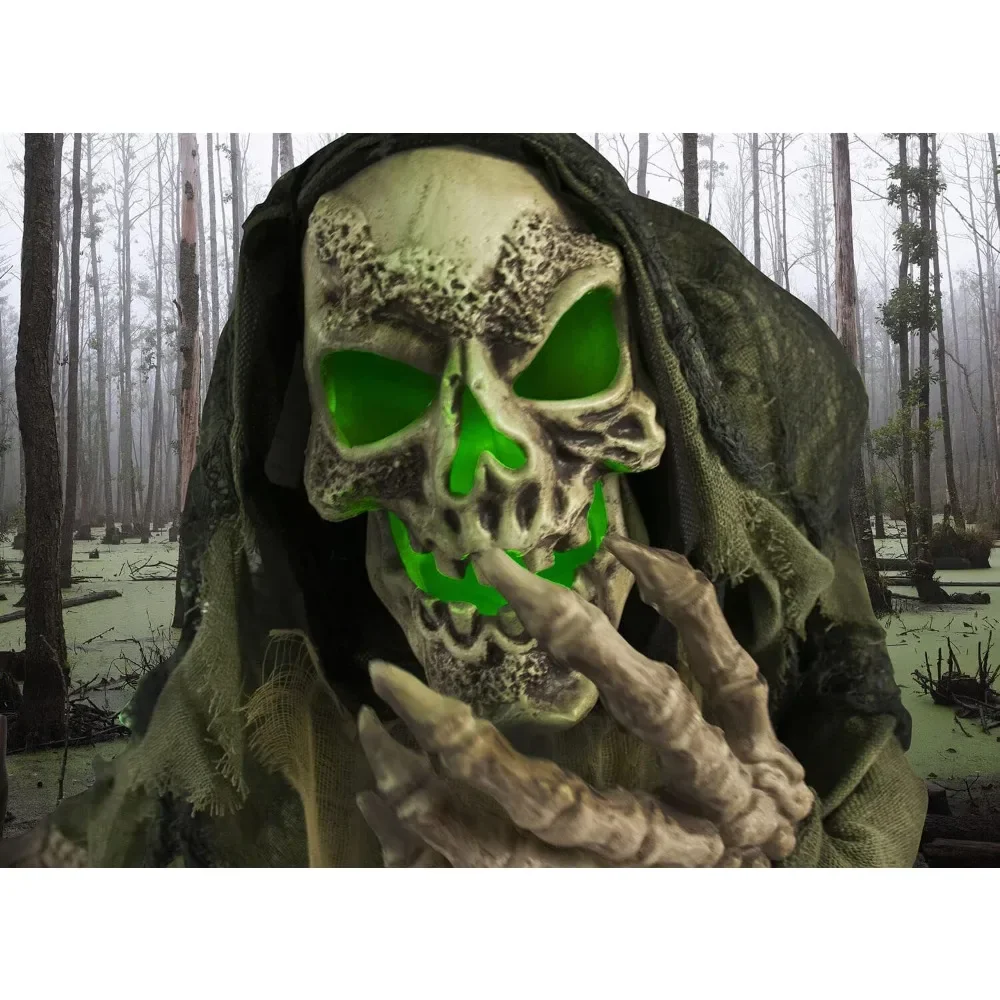 Halloween Terrifying Skull Decoration, Skull Harvester Handheld Staff, Touch Light and Sound, Indoor Battery Powered