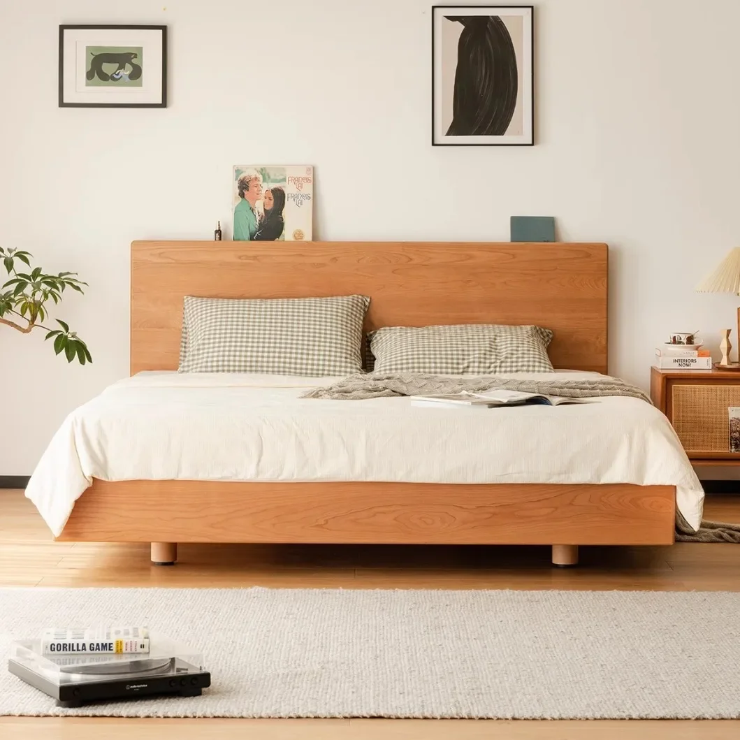 Nordic solid wood bed, simple single cherry wood, Japanese log double suspension bed
