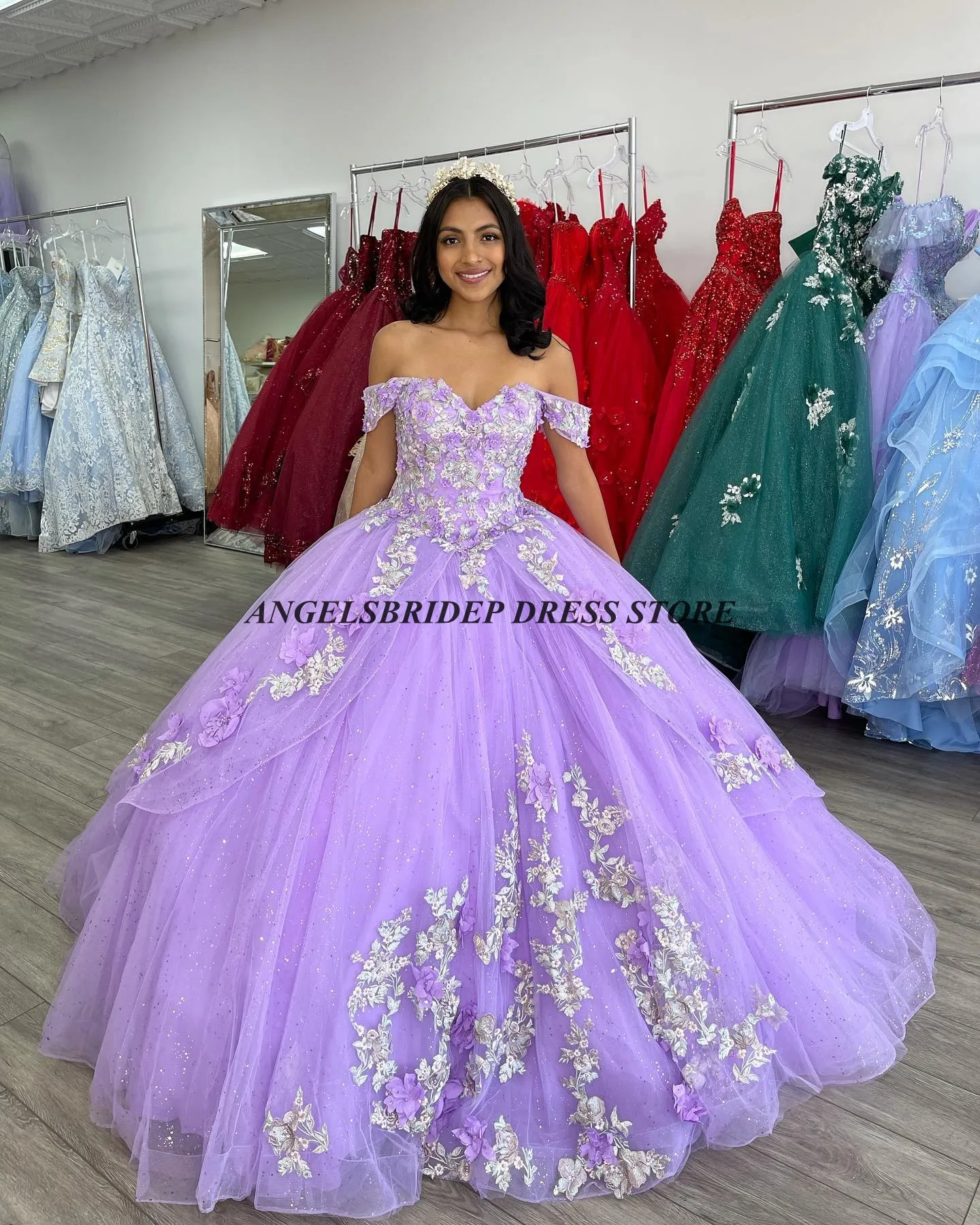 ANGELSBRIDEP-Vestido de tule feminino, vestido lilás quinceanera, vestido de festa mexicano, floral inchado, tule de glitter, 16 anos, 16 anos, 2024 anos