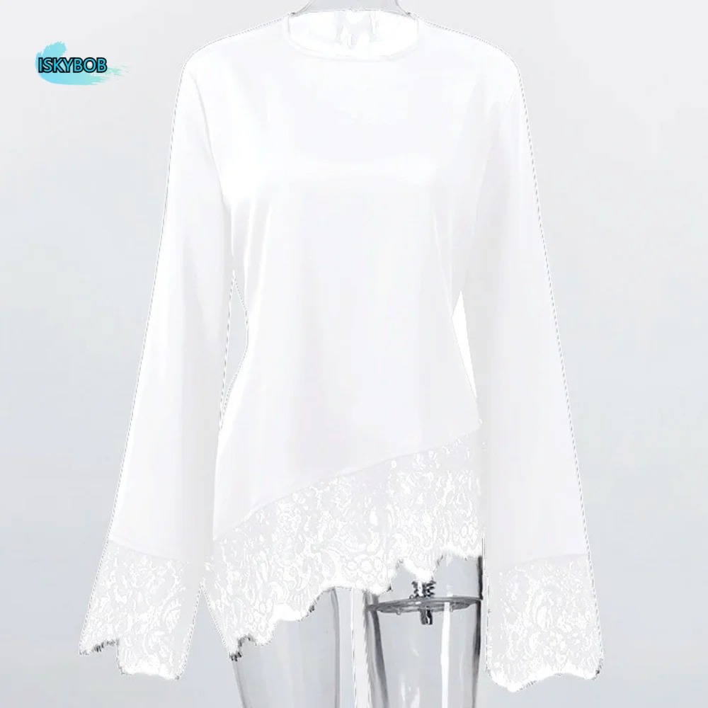 

Satin Lace Patchwork Long Shirt Waist-cinching Lace Lower Hemline Women's Lace-up Tops Pullovers Solid Color Slim Belted Blouse