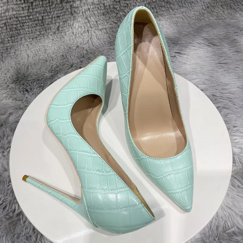 Tikicup Mint Light Green Crocodile Effect Women Sexy Pointy Toe High Heel Shoes for Party Comfortable Slip On Stiletto Pumps