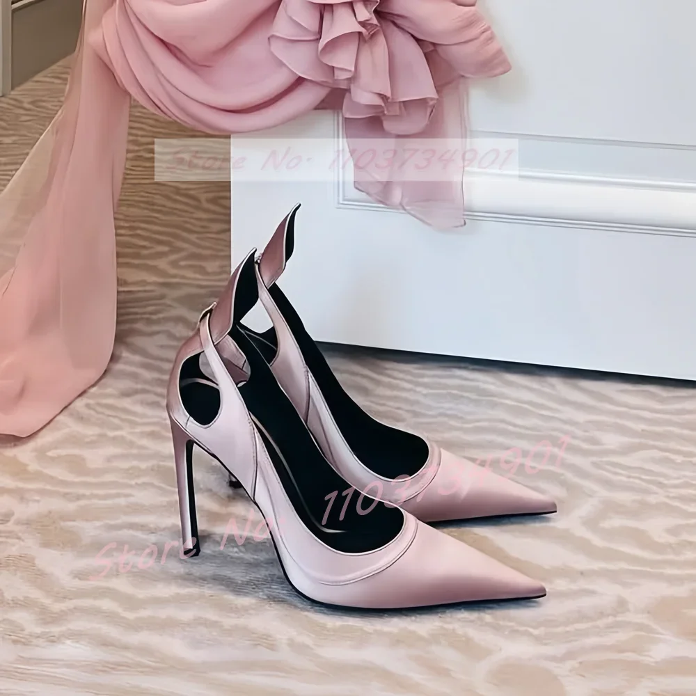 

Sling Back Hollow Pumps Women Wedding Cover Heel Pointy Toe Slip-On Pink Satin Thin High Heel Shoes Lady Casual Party Sexy Pumps