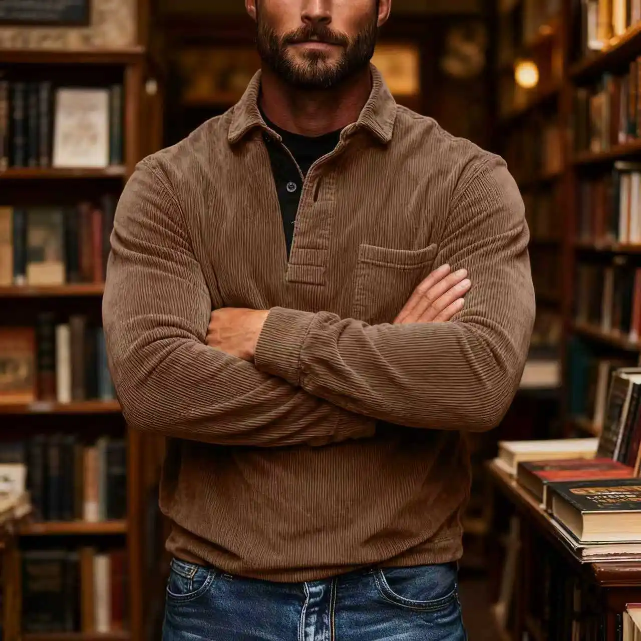 Corduroy jacket men's autumn trendy casual retro top, men's loose button pocket solid color new autumn and winter men's top