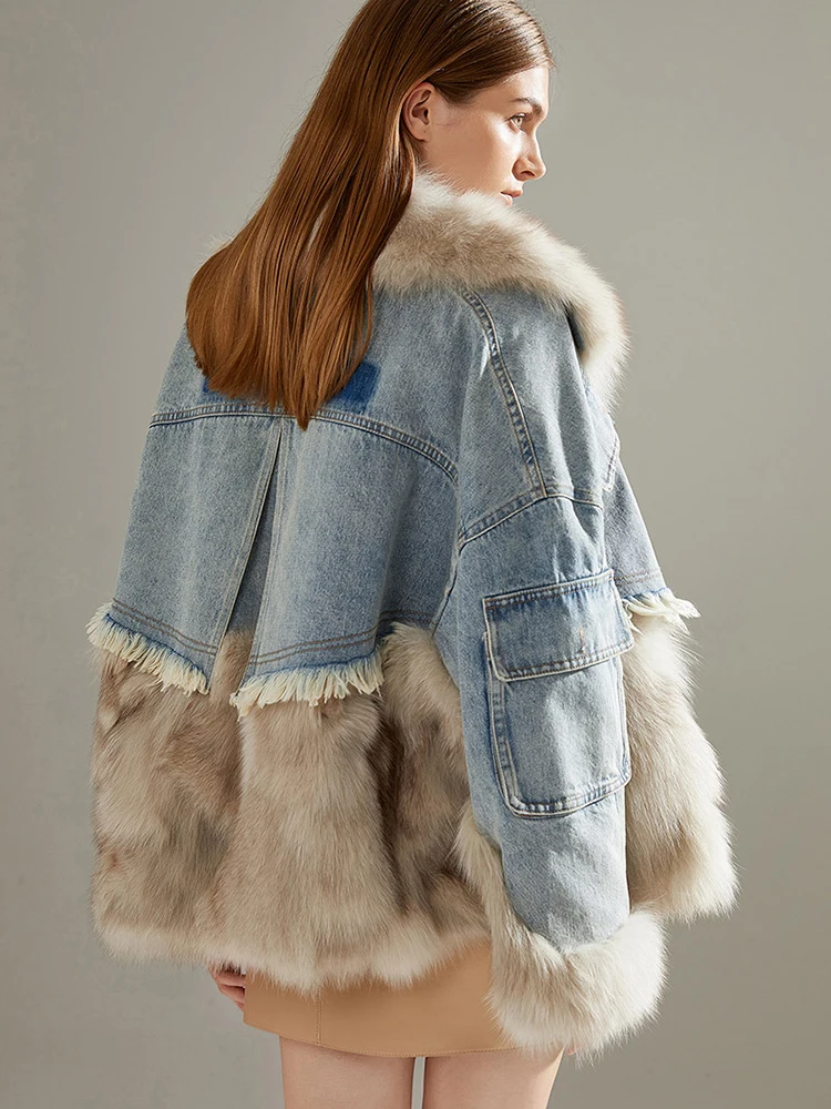 KBAT 2024 Women Winter Denim Jacket Oversize Large Fur Collar Plus Velvet Jacket Detachable Thick Loose Warm Bomber Jean Coat