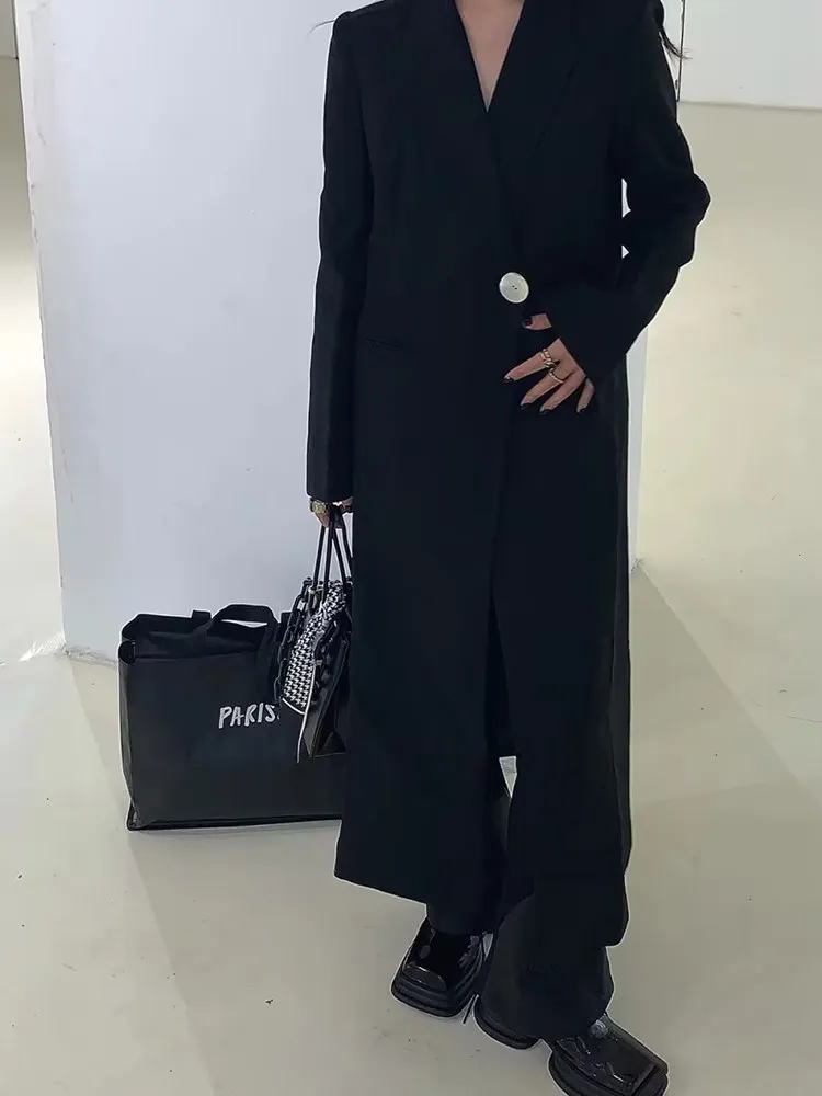 BPN Temperament Black Blazers For Women Nothced Collar Long Sleeve Spliced Single Button Minimalist Long Blazer Female Fashion