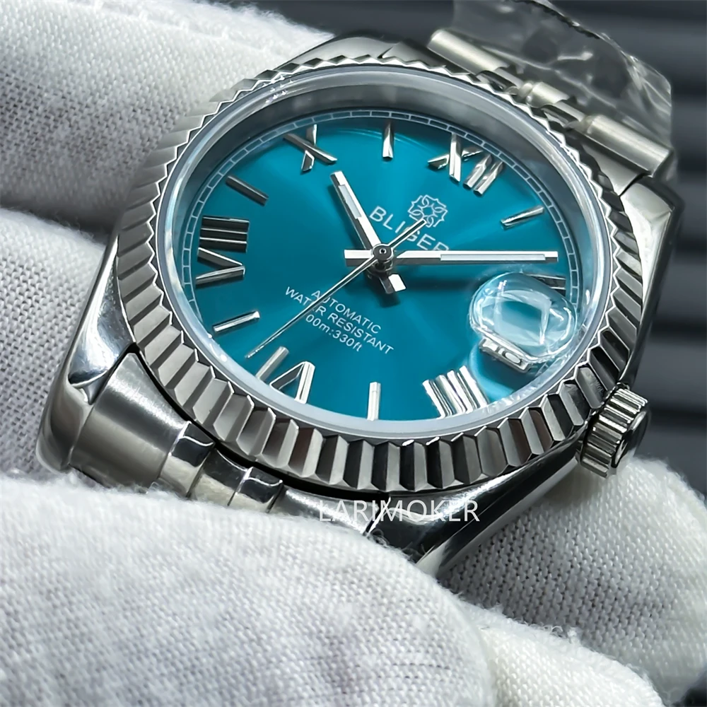 Bliger-Men's Sapphire Glass Bracelet, recesso bisel, Roman Index, Sun Dial, Jubileu de Prata, NH35A, 36mm, 39mm