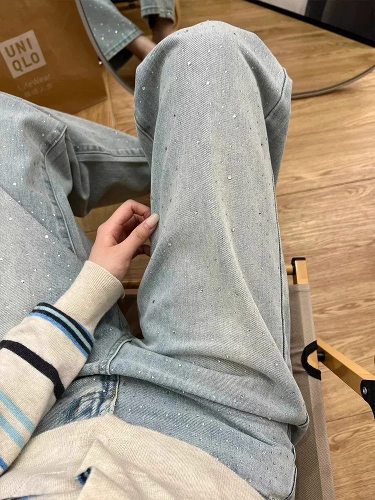 

High Waist Loose Fit Wide Leg Denim Jeans Women's Spring Autumn New Style Casual Straight Cut Diamond Embellished Jeans
