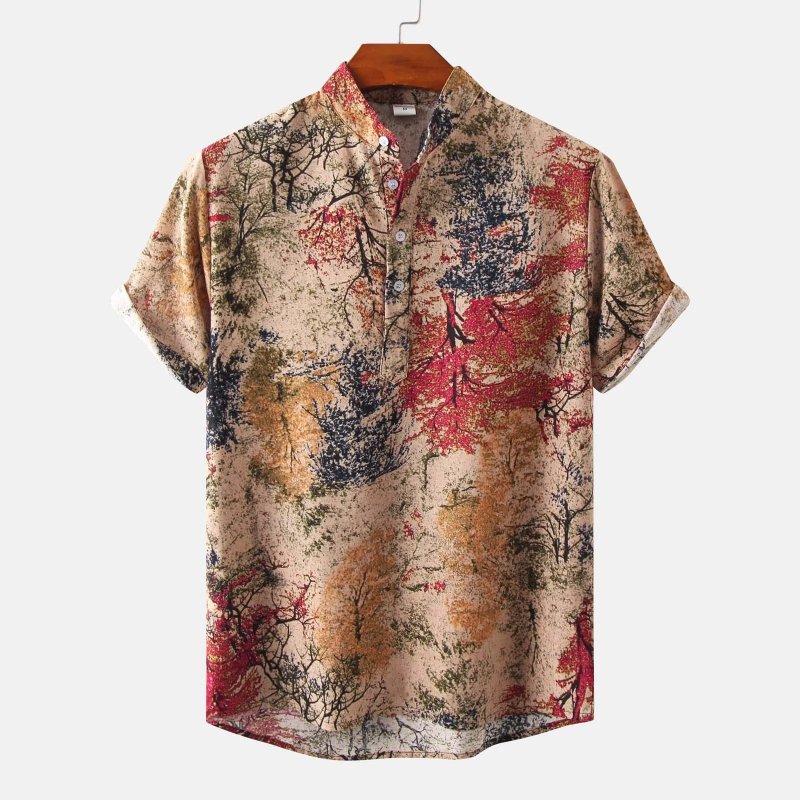 

Casual Men Hawaiian Shirt Vintage Print Henry Collar Short Sleeve Shirts For Men Vacation Blouses Chemise Homme