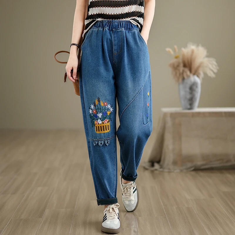 Calça jeans feminina remendos de renda, algodão na parte do