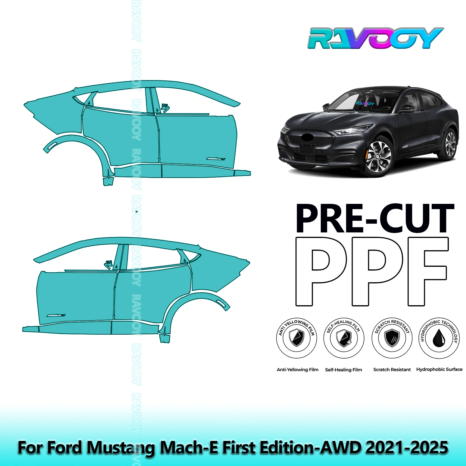 

For Ford Mustang Mach-E First Edition-AWD 2021-2025 8.5mil Pre-Cut PPF Door & A/B Pillar Kit TPU Paint Protection Film Set