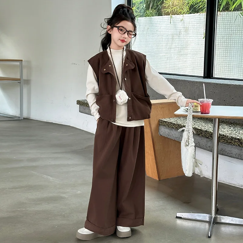 

Весенне-осенний комплект из 3 предметов для школьниц, однотонная базовая рубашка для девочек + жилет на лацкане, пальто + прямые брюки, комплекты для девочек 4–14 лет