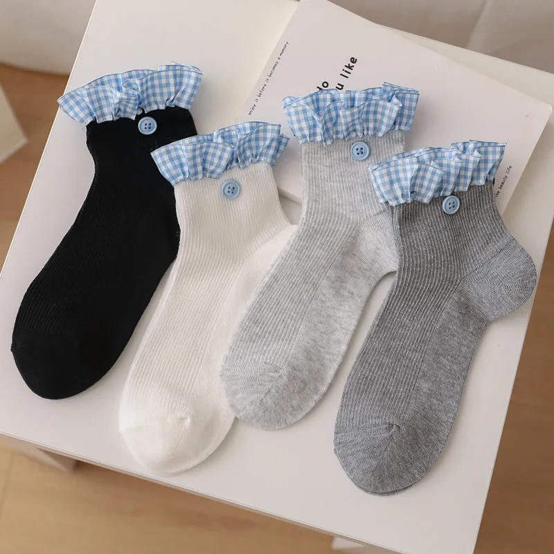 

Клетчатые носки с рюшами, женские японские модные черные, белые, серые короткие носки, хлопковые дышащие милые низкие носки в стиле Лолиты для девочек