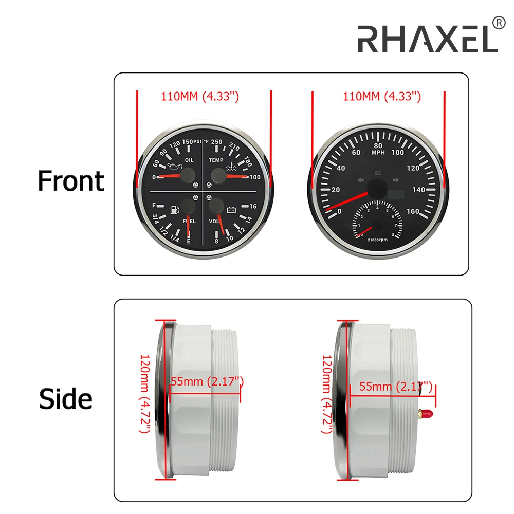 RHAXEL 110mm Car 120 km/h MPH GPS Speedometer 200km/h 160MPH with Tachometer Fuel Level Water Temp. Oil Press 0-150PSI Volt 12V