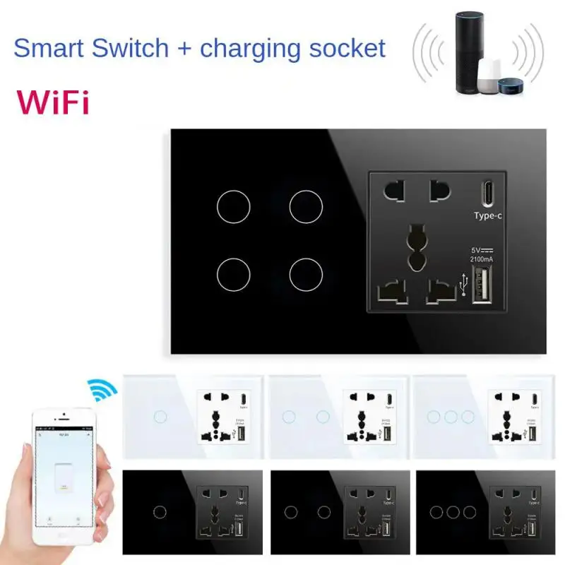 Tuya WIFI Smart Switch Socket 147 Type 1/2/3/4Gang Touch Switch Panel With Type-C USB Control Via Alexa Google Home