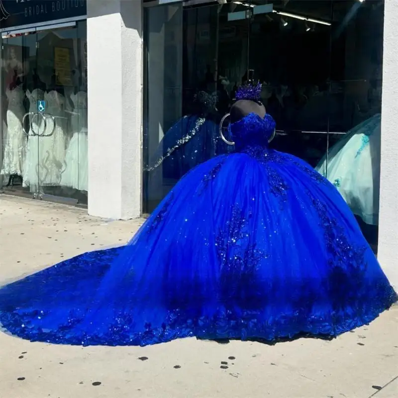 Customized Royal Blue Off The Shoulder Quinceanera Dresses Bead Appliques  Birthday Dress Graduation Gown Sweet 15