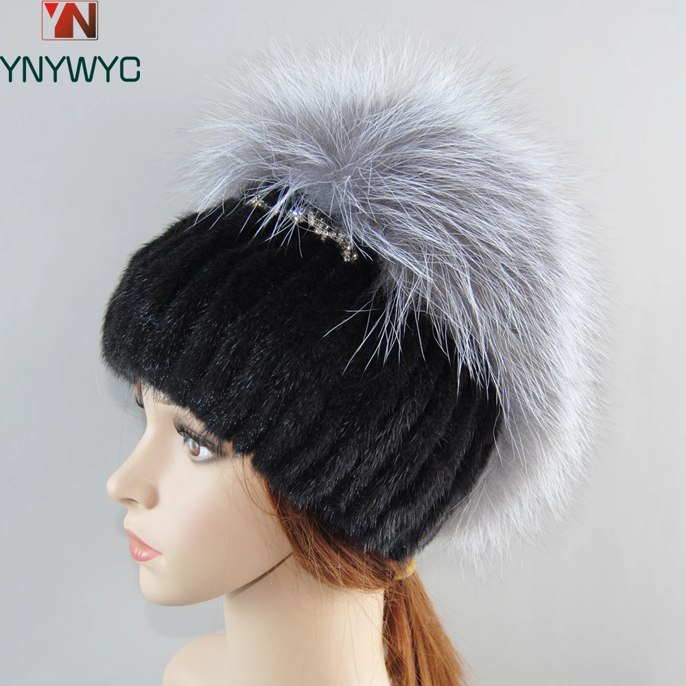 Hot Sale Real Mink Fur Hat With Fox Fur Pom Poms Handmade New Thick Female Cap Fur Hat Women Winter Knitted Mink Fur Beanies Cap