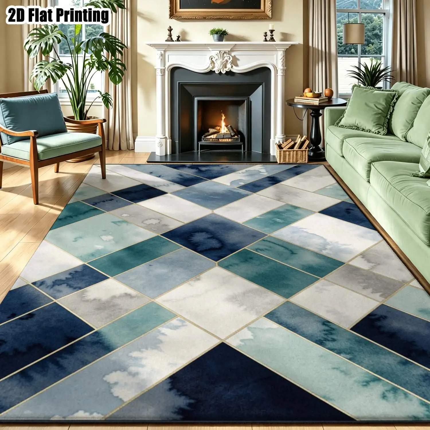1Pc 2D Printed Carpet: Blue-Green Geometric Abstract Patterns, Nordic/Instagram-Style, Modern Minimalist Vintage European Floor Mat, Home Decor, Multiple Sizes, Machine Washable, for Entrance, Dining, Foyer, Bedroom, Living Room
