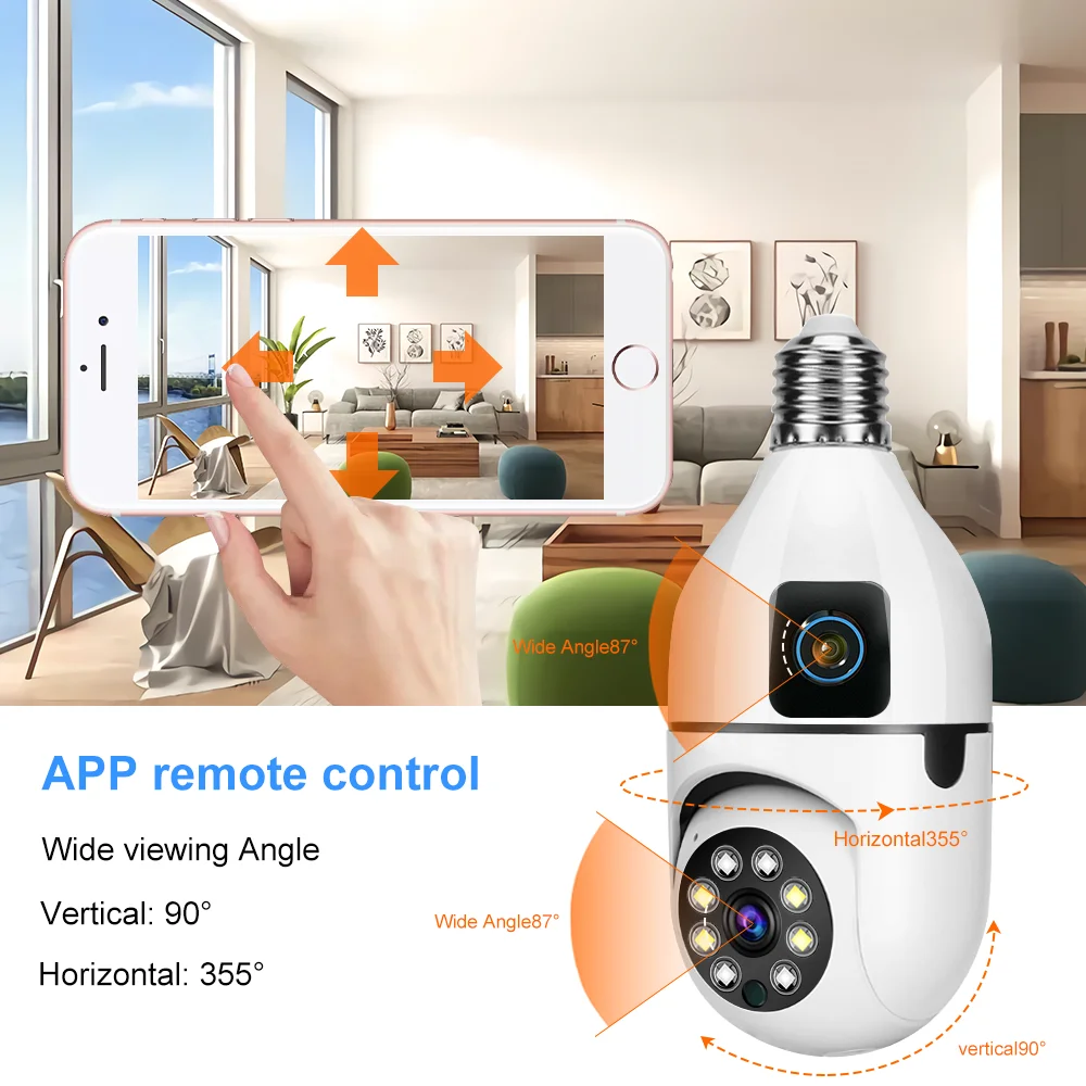 Vigilância Sem Fio Smart Home Security, Dual Lens Screen, E27 Bulb Camera, Audio Video Recorder, Night Vision, Wi-Fi Indoor Monitor