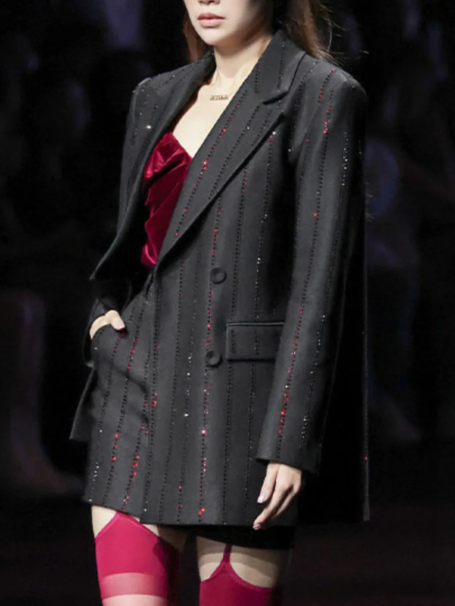 European American Style Striped Diamond V-Neck Long-Sleeved Blazer Fashion Small Suit Design Sense Hot y2k 2025 new