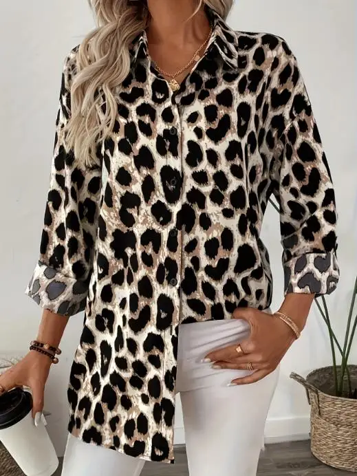 

Autumn Leopard Print Lapel Long Sleeved Shirt for Women, Fashionable, Personalized, Versatile, Casual Style Long Sleeved Shirt