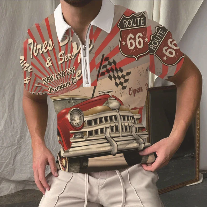 

Route 66 Polo Shirt for Men Hawaiian 3D Print Zipper Polo Short Sleeve Summer Shirt