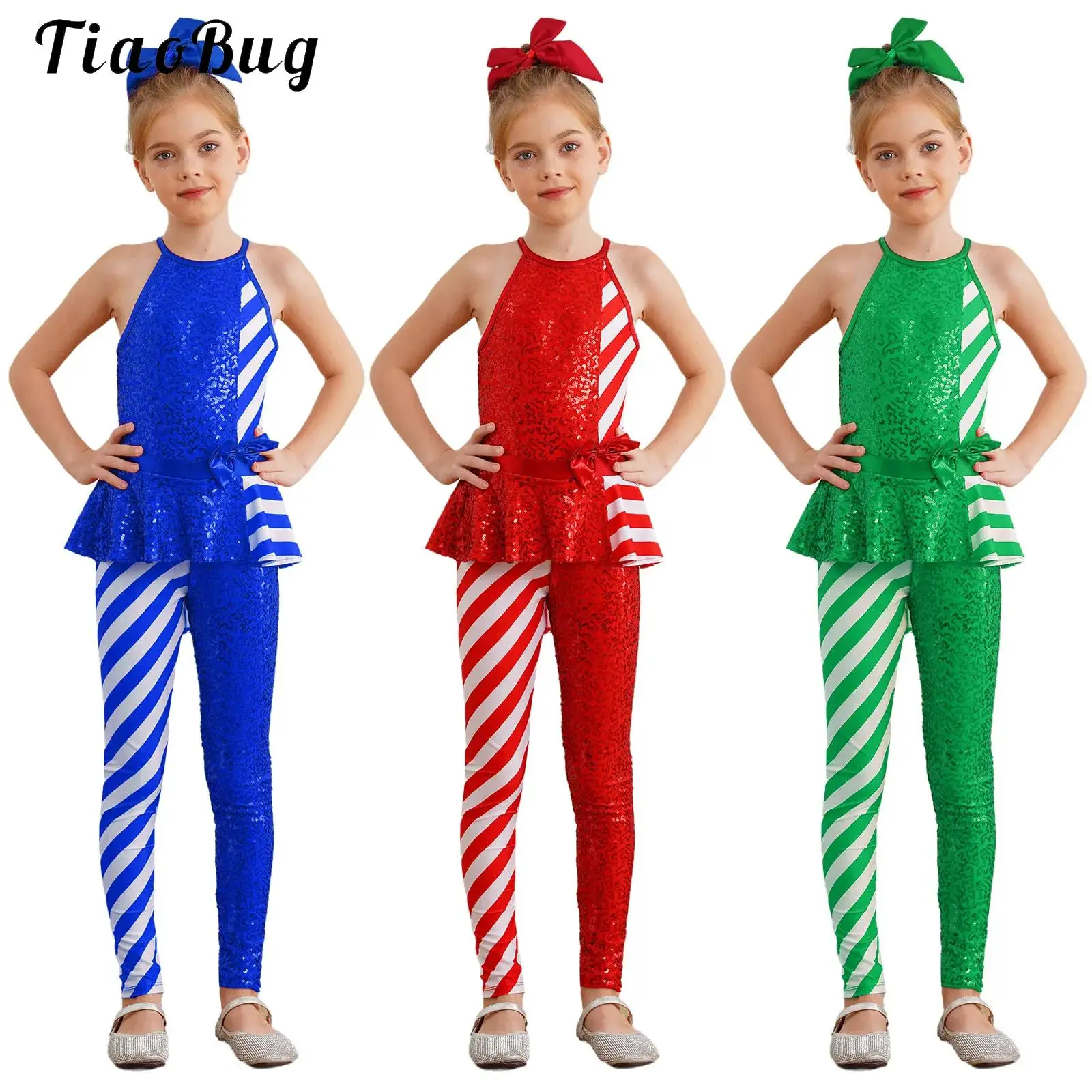 

Candy Cane Christmas Ballet Dance Gymnastics Leotard Striped Sequins Santa Sweetie Jumpsuit Full Bodysuit for Kids Girls Holiday