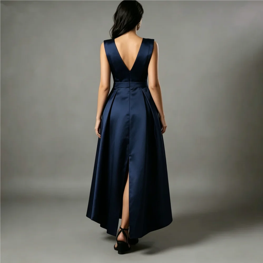 High-low V-neck Cocktail Dresses Ruched Satin Split Pocket A-Line Party Dresses Customized платье на выпускной
