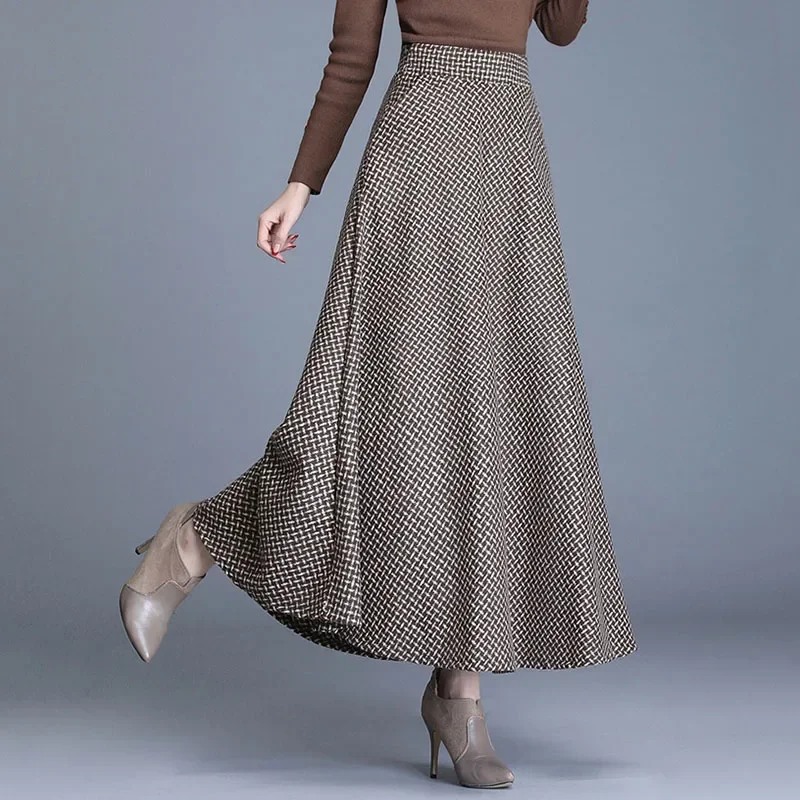 Falda de lana de estilo coreano para mujer, elegante falda acampanada a cuadros con cintura elástica y bolsillos, otoño/invierno