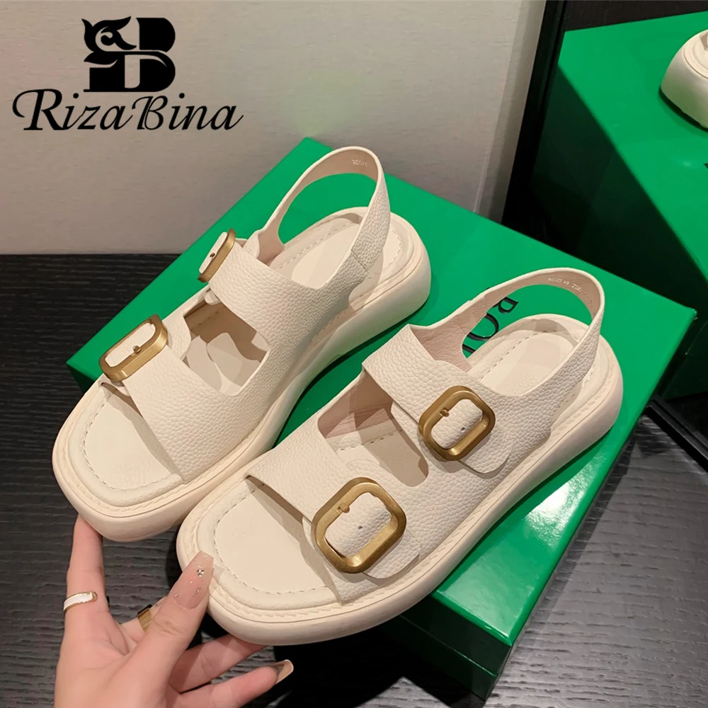 

RIZABINA Leisure Sandals Women Genuine Leather Back Strap Solid Color Flat Shoes Casual Summer Low Heel Ladies Shoes Handmade