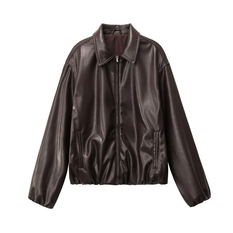 

Кожаные куртки-бомберы 2025: Новинка осени, женская куртка на молнии с отложным воротником, длинными рукавами, карманами и поясом, свободный крой, уличный стиль