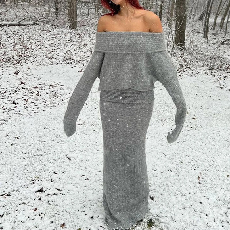 BKLD-Conjunto de 2 piezas gris para mujer, Tops sexys y elegantes con cuello oblicuo, camisetas de manga larga + medias faldas de longitud media, moda de invierno, ropa nueva