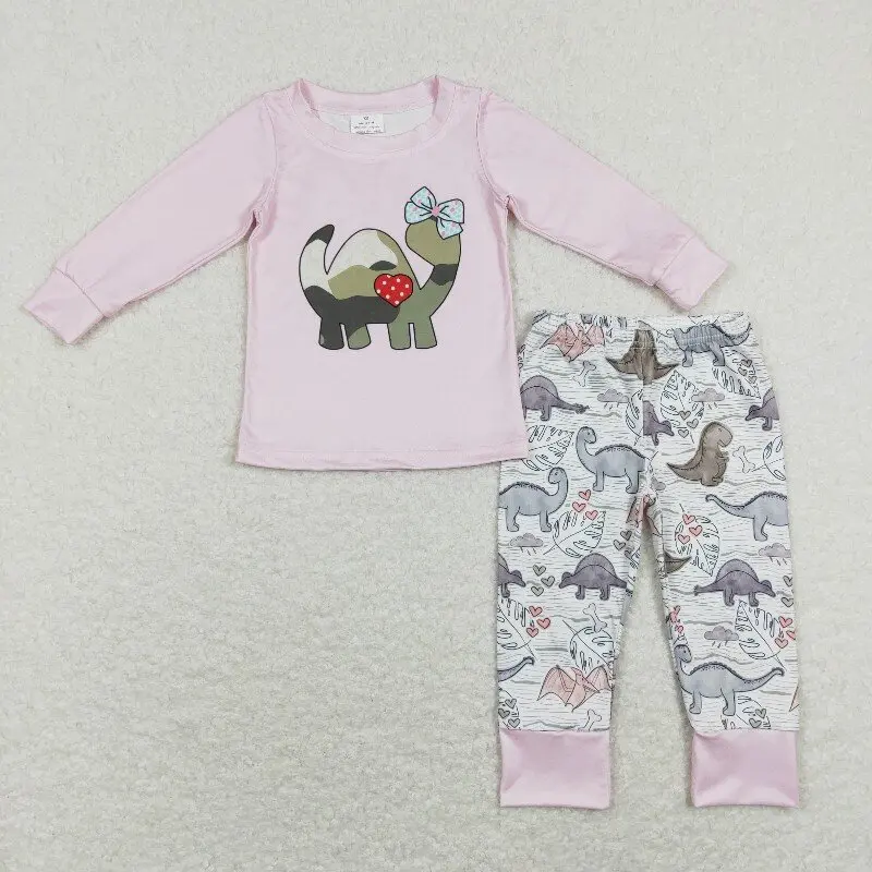 

New rts Infant Toddler girls Valentine's Day Suit Wholesale Boutique Dinosaur Pattern girls pink Long Sleeve Pants Suit