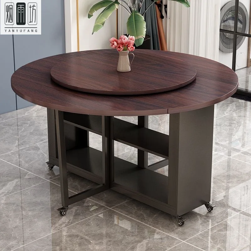 Simple folding dining table Household small apartment Round mobile dining table Storage living room dining table