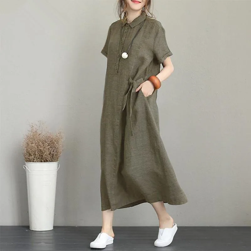Elegant Cotton Linen Women's Dress Collar Short Sleeve Loose Fit Casual Midi Skirt Cleanfit Style A-Line Silhouette