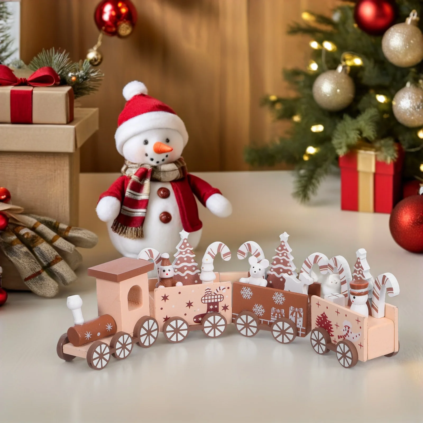 

1Set Wooden Christmas Train Snowman Mini Tree Ornaments for Tabletop Mantel Holiday Decoration Wood Train Snowman Figurines