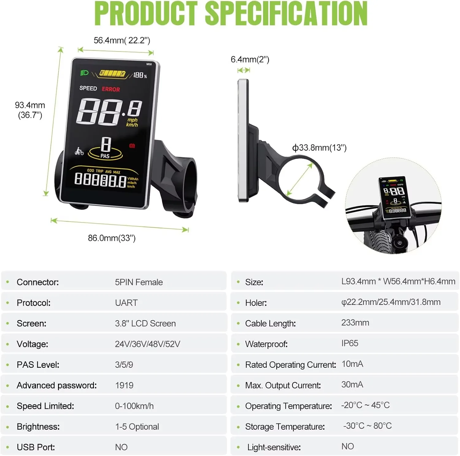 E-Bike Display SW2-M58 für BAFANG BBS01 BBS02 BBSHD UART Motor 3,8 Zoll LCD-Bildschirm 9PAS E-Bike Tacho Wasserdicht 5PIN Buchse – Detail 4