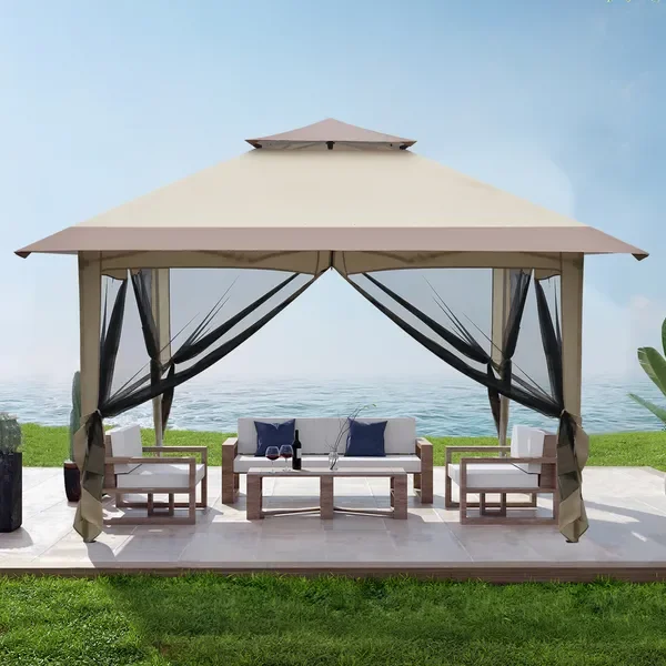 

Белая уличная беседка 3.6x3.6 м с двухуровневой крышей, тканью Оксфорд, пластиковым покрытием, железными трубами и 4-сторонней москитной сеткой