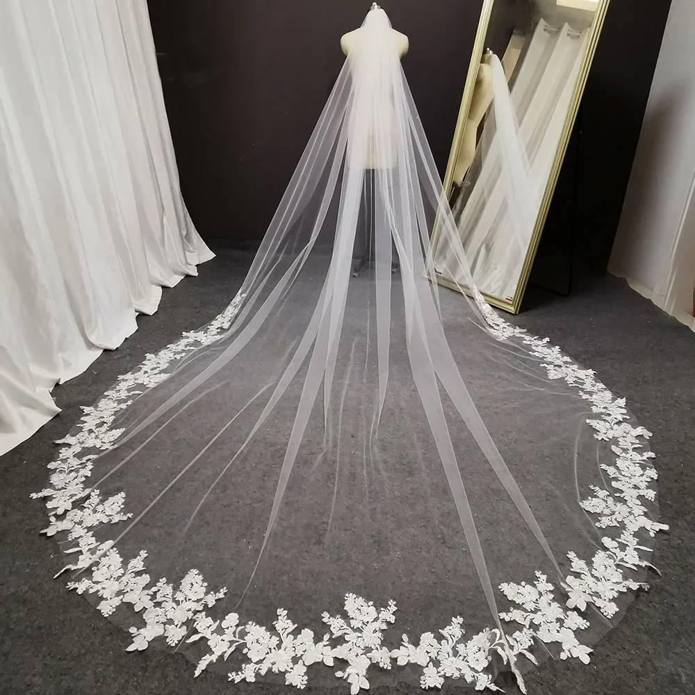 Long Lace Véu do casamento com pente, Noiva Capacete, Marfim Branco, 3 m, Catedral Bridal Acessórios