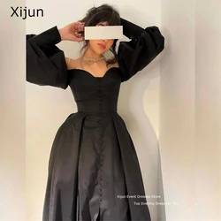 Xijun Black Satin Long Evening Dresses Long Cap Sleeves Party Gown A-Line Formal Vestido Saudi Arabric For Women Simple 2023