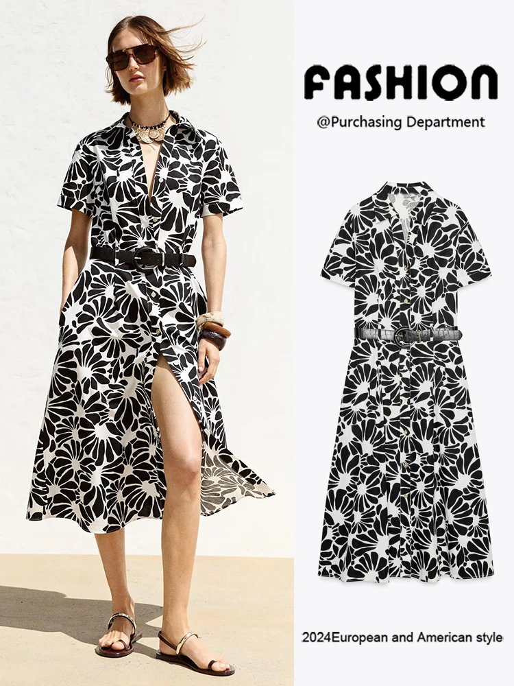 

Новое летнее поступление, женское утягивающее шелковое платье с принтом и поясом ZA2025, модный этнический сценический костюм, женское платье