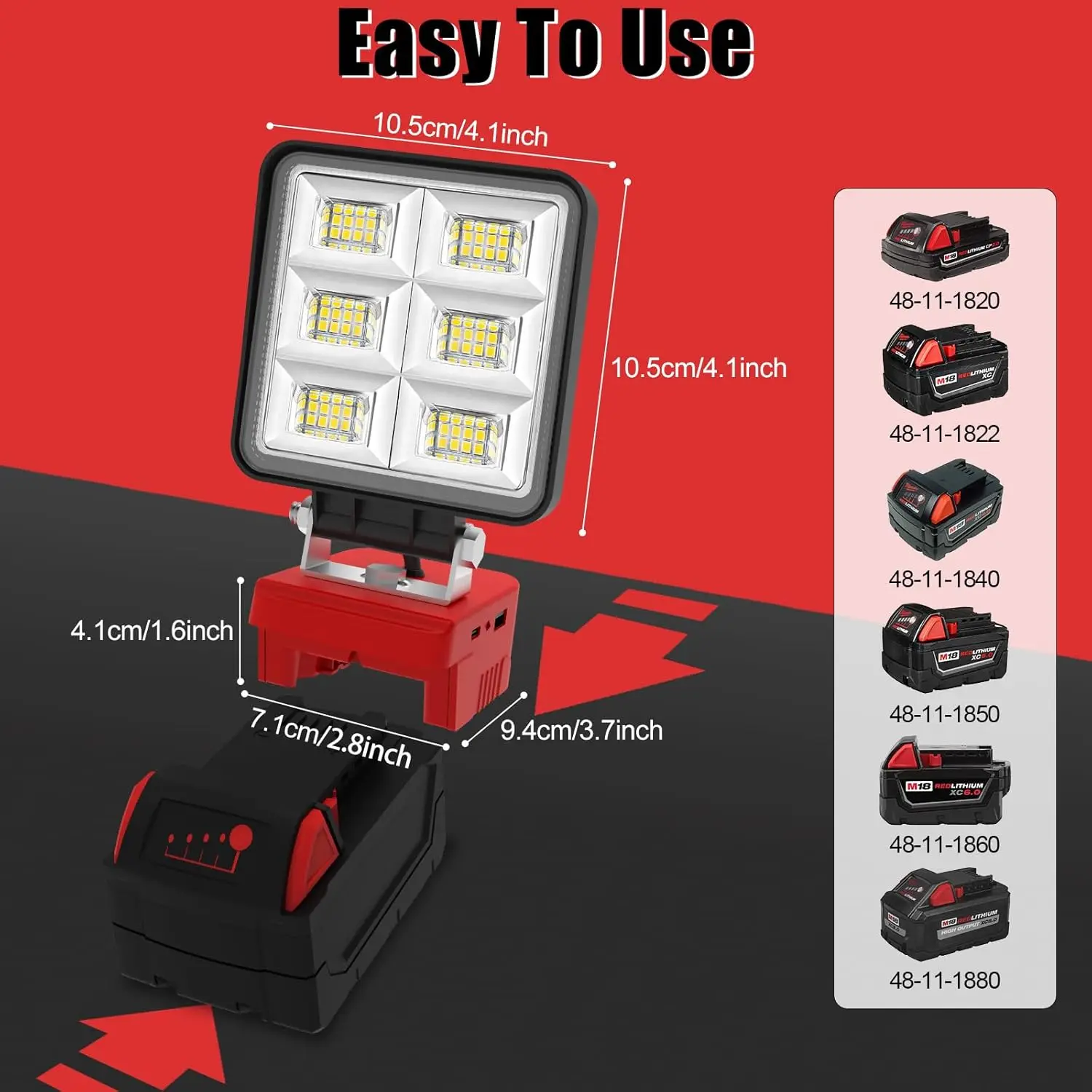 Portable LED Work Light Cordless Emergency Camping Job Site Spotlight 6000K Rechargeable Fish Floodlight for Milwaukee Battery
